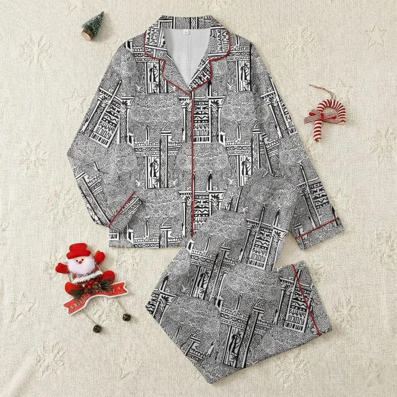 Boho Style Enthusiasts' Black & White Intricate Elephant Mandala Paisley Tribal Stripe Design Satin Pajamas Set - 1