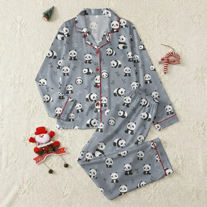 Women's Minimalist Black White Cartoon Panda & Bamboo Scattered Cool Grey Print Satin Pajamas Set - 1
