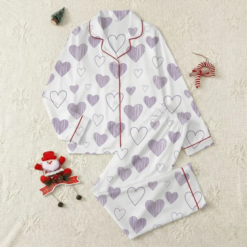 Women's Soft Muted Lavender Hand-Drawn Solid & Outline Heart Seamless Pattern Satin Pajamas Set - 1