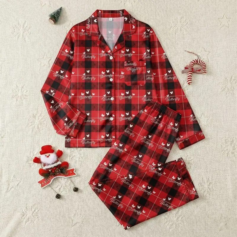 Women's Vibrant Red Black Tartan Plaid Pattern with Elegant White Script Butterfly Silhouettes Satin Pajamas Set - 1