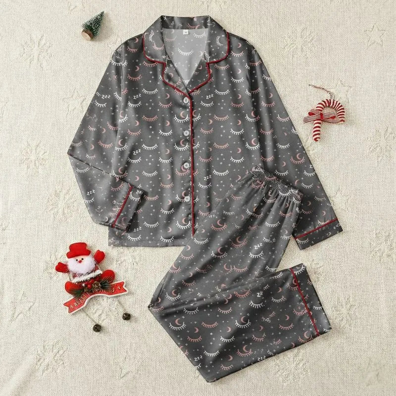 Dreamer's Everyday Essential: Charcoal Heather Sleeping Eye Moon Zzz Pattern Kid Satin Pajamas Set - 1
