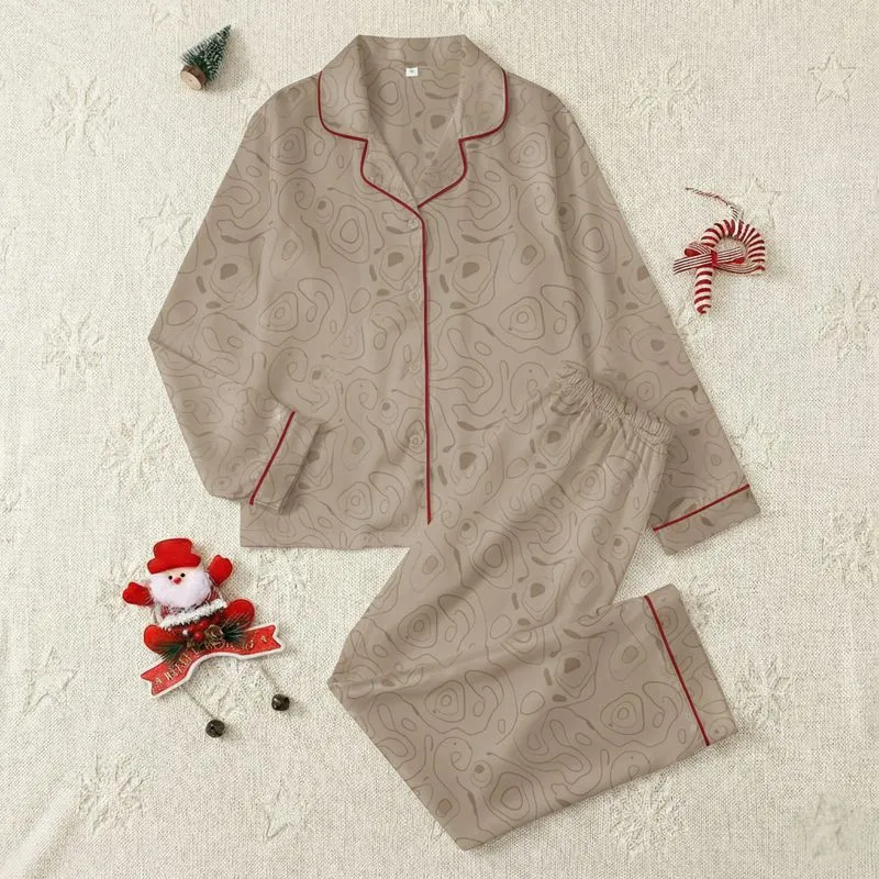Women's Muted Taupe-Brown Monochromatic Organic Topographical Stone Pattern Satin Pajamas Set - 1