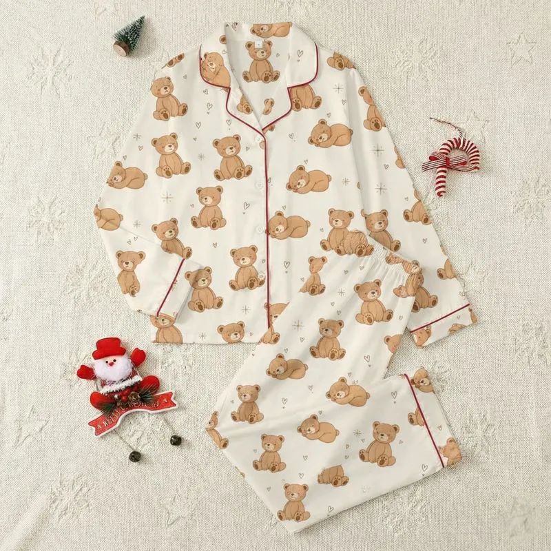 Comfort Seekers' Whimsical Hand-Drawn Teddy Bear Cream & Brown All-Over Print with Gentle Hearts and Starbursts Satin Pajamas Set - 1
