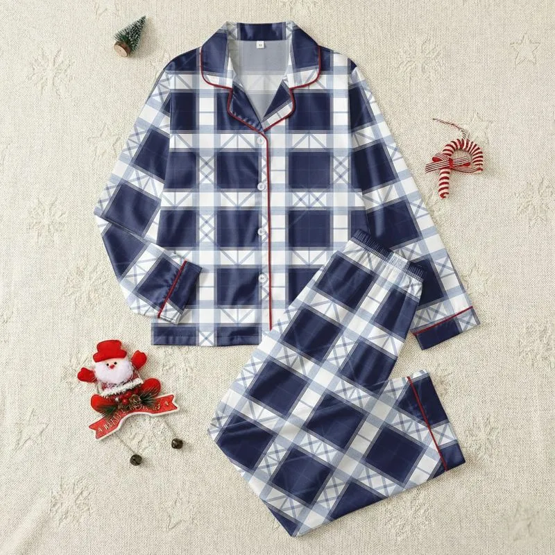 Timeless Style: Deep Navy White Light Blue Grey Geometric Tartan Plaid Wearable Textile Satin Pajamas Set - 1
