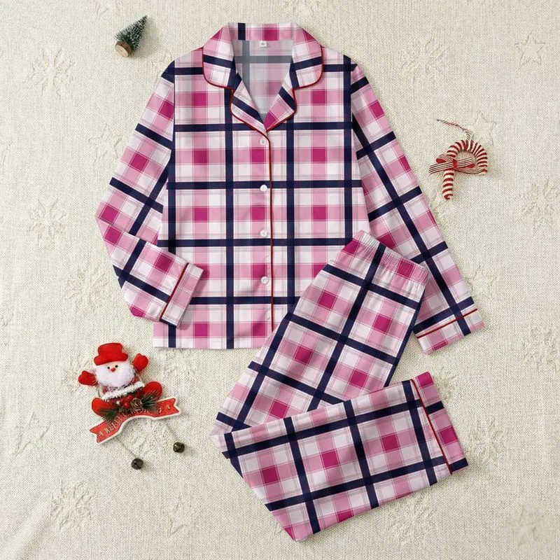 Geometric Plaid: Navy Fuchsia White Pastel Pink Light Grey Varying Width Grid - Wearable Design Item Satin Pajamas Set - 1