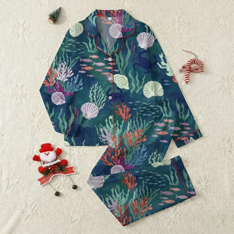 Ladies' Illustrative Underwater World Pattern with Seashells, Fish, and Coral in Blue, Teal, Purple Satin Pajamas Set - 1