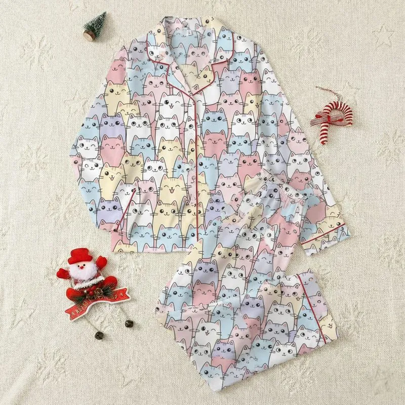 Cat Lovers' Dusty Rose Pastel Pink Hand-Drawn Expressive Feline Pattern Satin Pajamas Set - 1