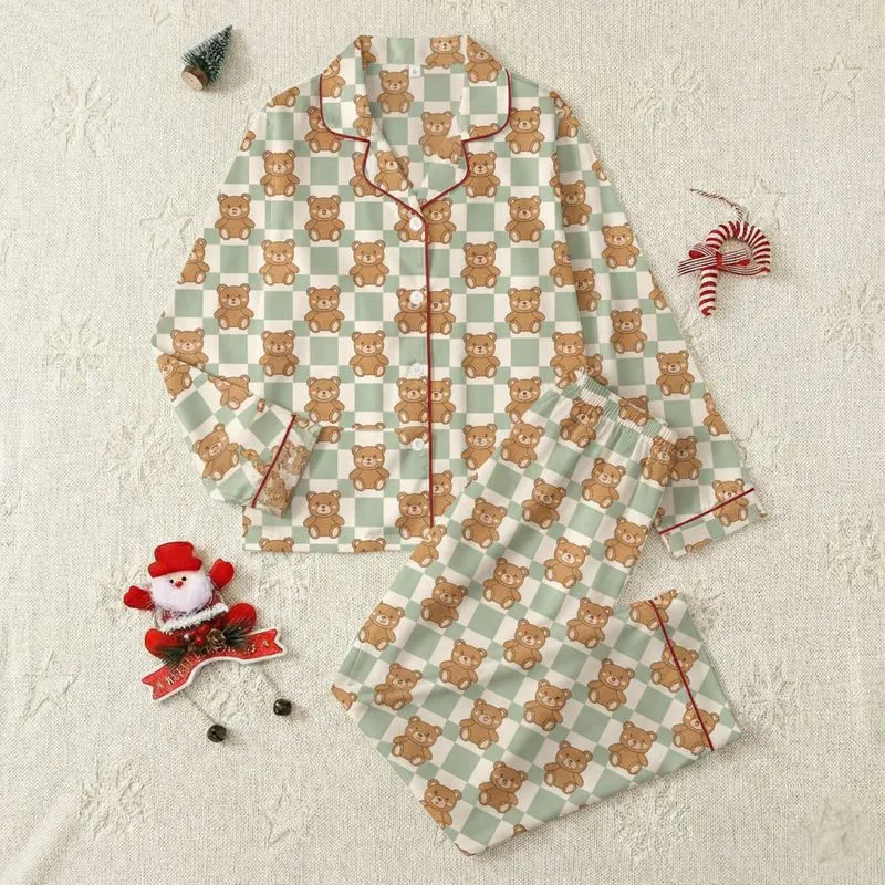 Women's Whimsical Cartoon Teddy Bear Gingham Pattern with Muted Sage Green & Cream Satin Pajamas Set - 1