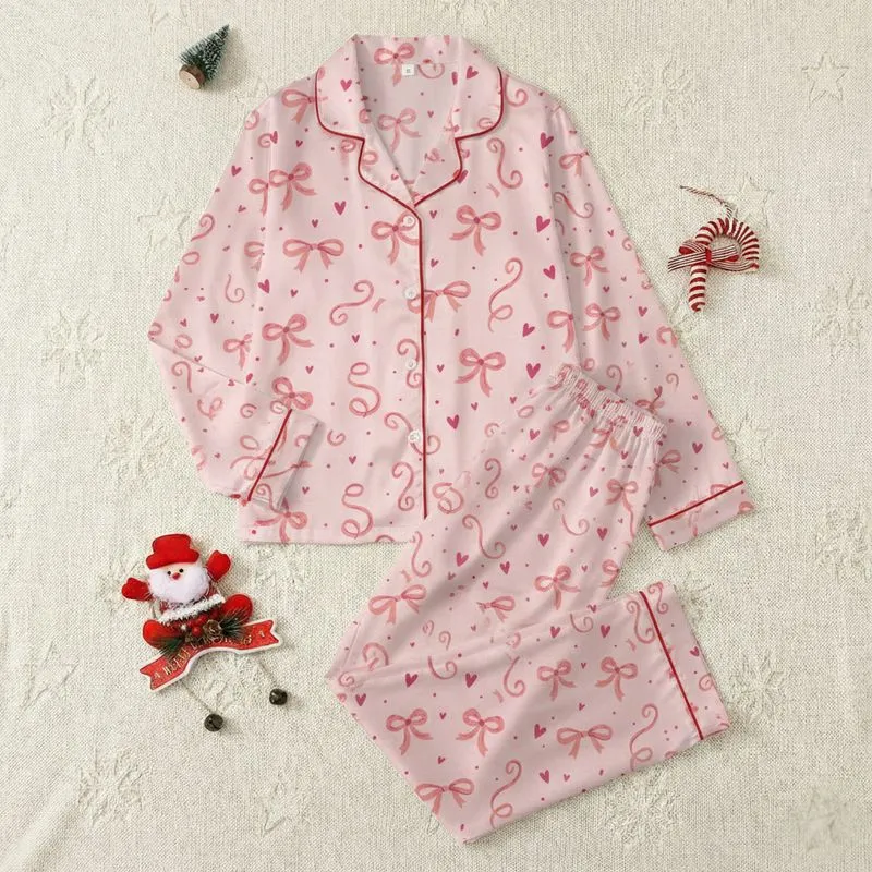 Women's Whimsical Hand-Drawn Rose Fuchsia Ribbon Bow Heart Pattern on Pastel Pink Satin Pajamas Set - 1