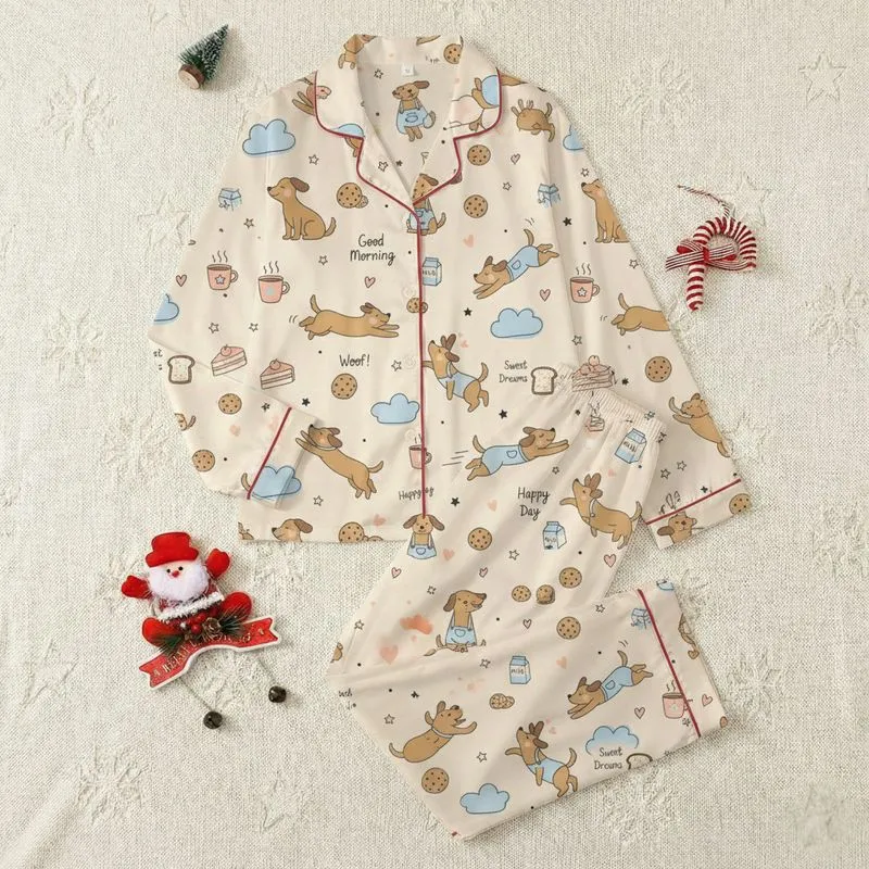 Women's & Teen Girls' Whimsical Cream & Brown Puppy, Cozy Food & Sky Blue Cloud Pattern Satin Pajamas Set - 1