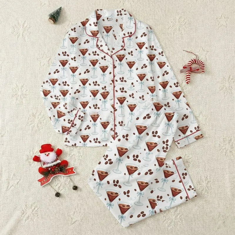 Martini Enthusiast: Elegant Watercolor Reddish-Brown Martini Glass with Dark Coffee Beans & Light Blue Ribbon Pattern Satin Pajamas Set - 1
