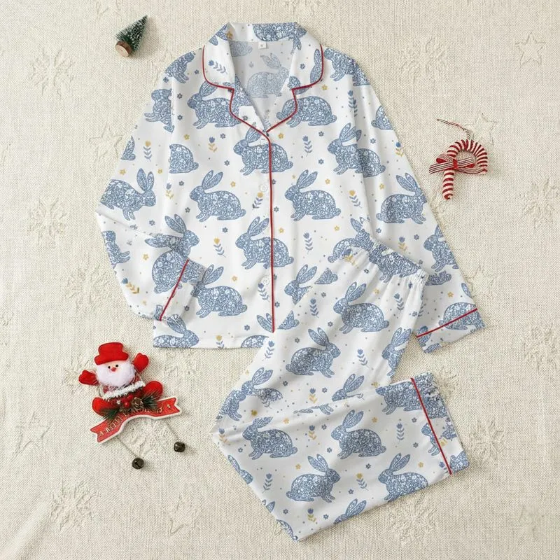 Women's Seamless Whimsical Rabbit Silhouette Dusty Blue Floral Pattern with Muted Yellow Blossoms Satin Pajamas Set - 1