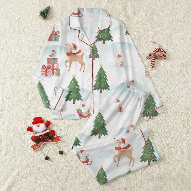 Women's Plus Size Whimsical White Blue Snow Hills Watercolor Red Green Deer Bunny Christmas Design Satin Pajamas Set - 1