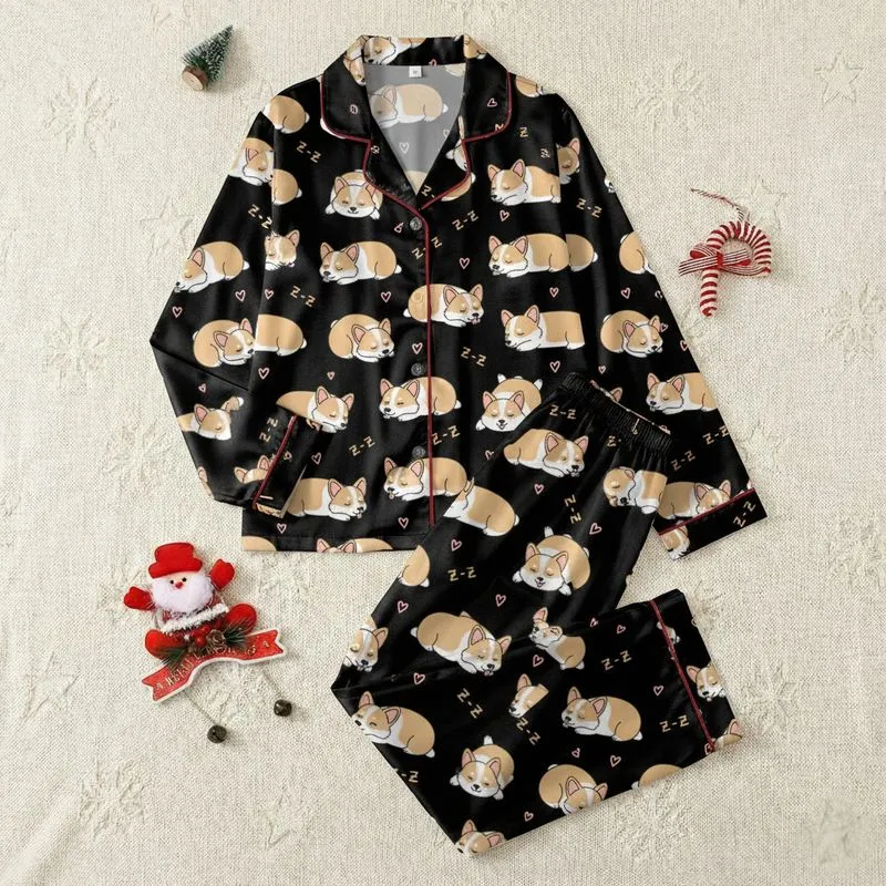 Women's Kawaii White & Tan Corgi Dog All-Over Pattern with Pink Hearts & Gold Zzz on Black Satin Pajamas Set - 1