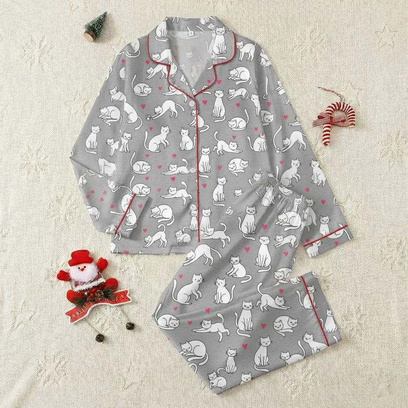Cat Lovers' Playful Black White Cartoon Cats Pink Hearts Heather Grey Pattern Satin Pajamas Set - 1