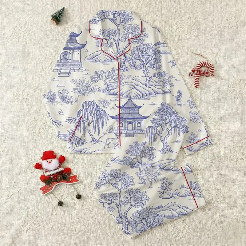 Women's Cream Off-White Cobalt Blue Chinoiserie Toile Pagoda Crane Willow Satin Pajamas Set - 1