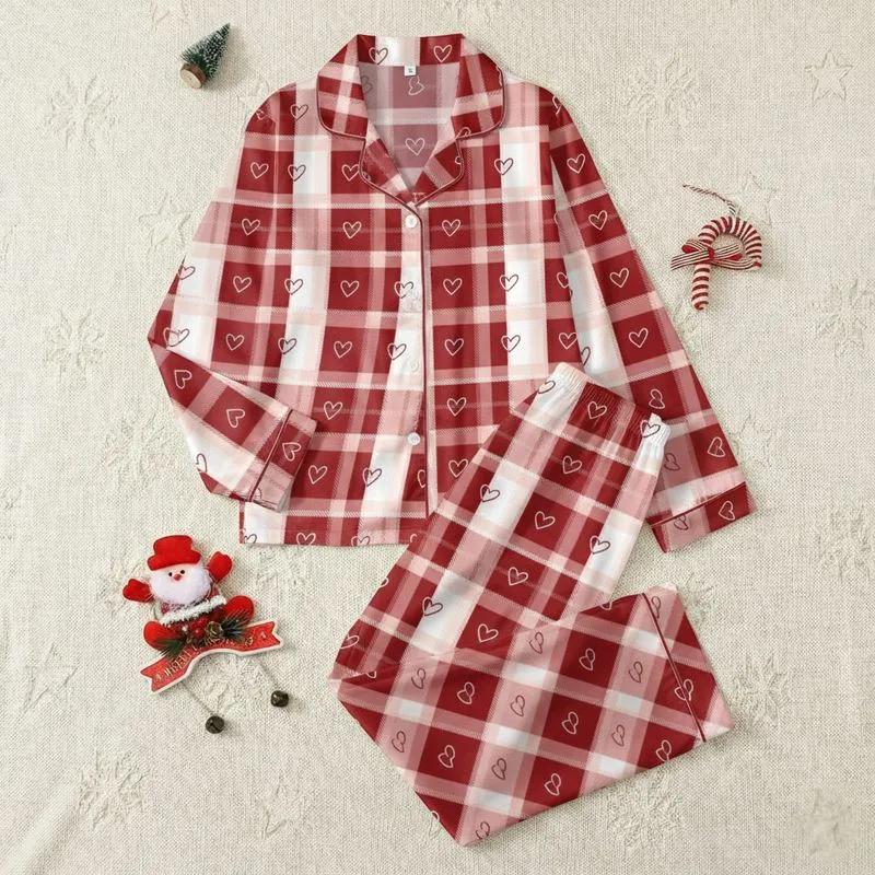 Rich Red Tartan Plaid: White Blush Pink Outline Hearts Satin Pajamas Set - 1
