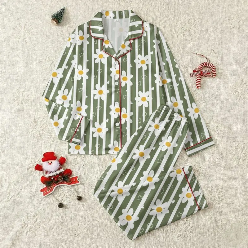 Nature Lover's Muted Olive Green Vertical Stripe Daisy Heart Satin Pajamas Set - 1