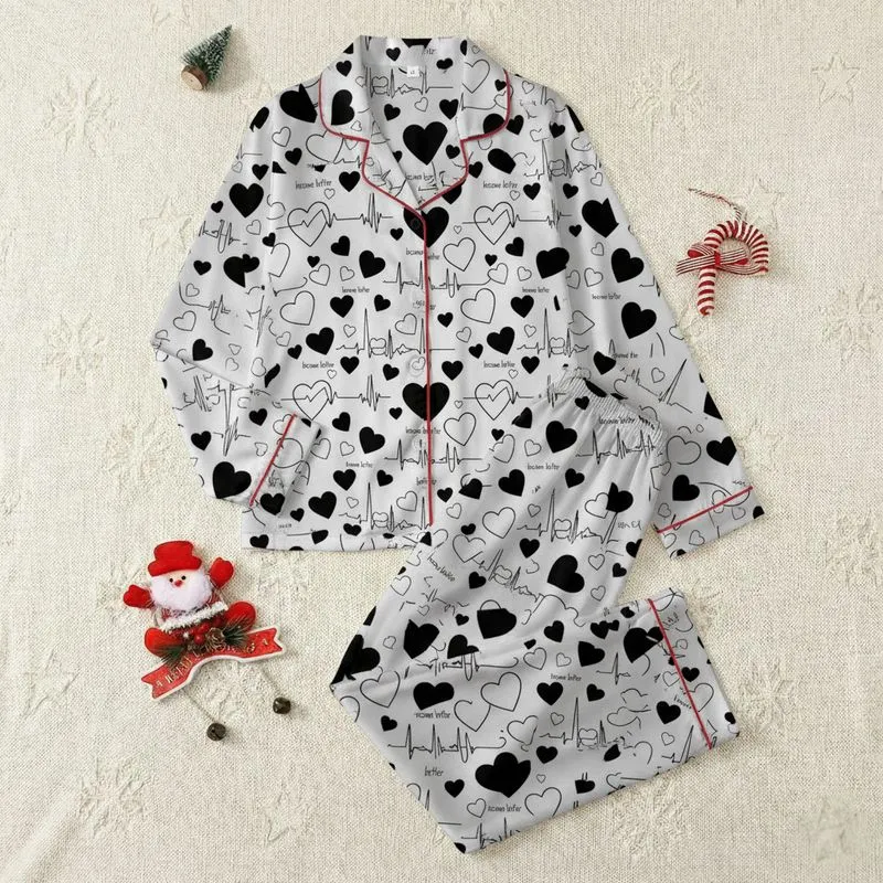 Aspirational Solid Black Hearts Free-Flowing ECG 'Become Better' Pattern Gray Satin Pajamas Set - 1