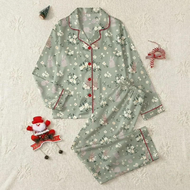 Women's Whimsical Sage Green Ditsy Wildflower & Brown Bunny Pattern Satin Pajamas Set - 1