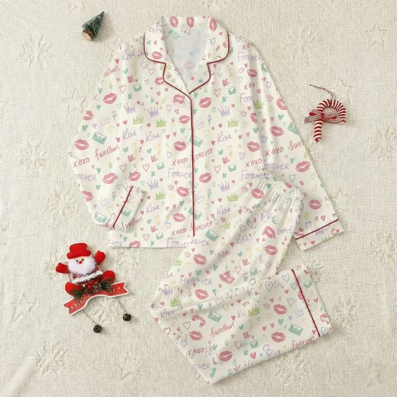 Sweetheart Charm Pastel Doodle Kisses, Crowns & Love Hearts Satin Short-Sleeve Pajamas Set - 1