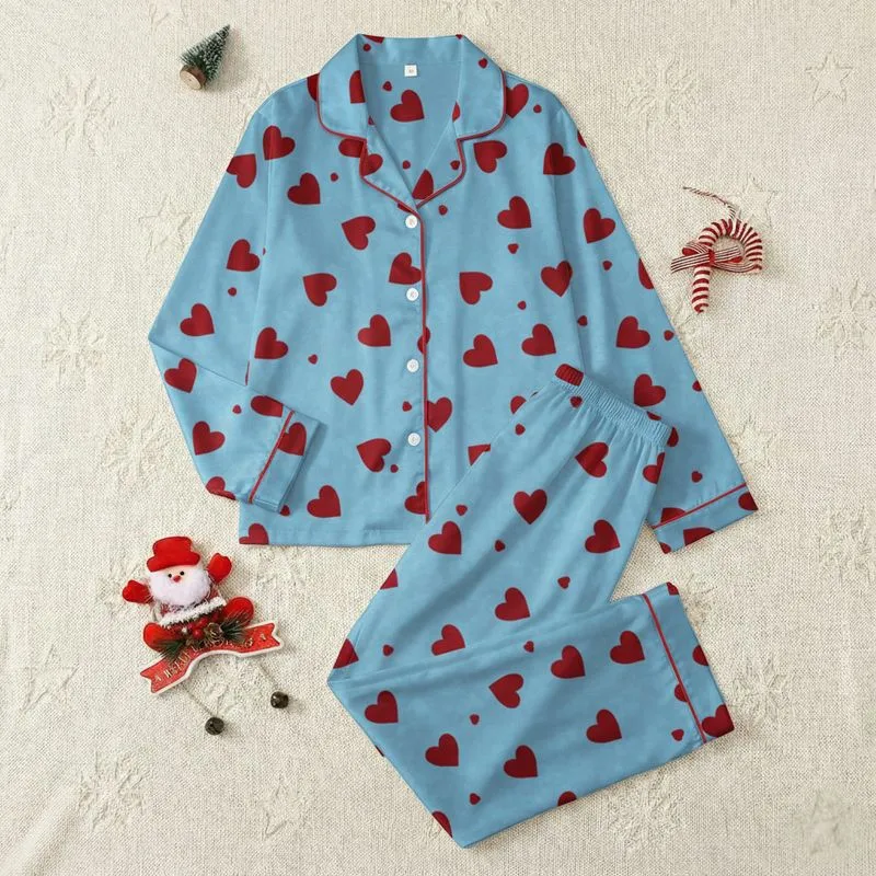 Women's Pale Sky Blue Deep Maroon Silhouette Heart Minimalist Classic Graphic Pattern Satin Pajamas Set - 1