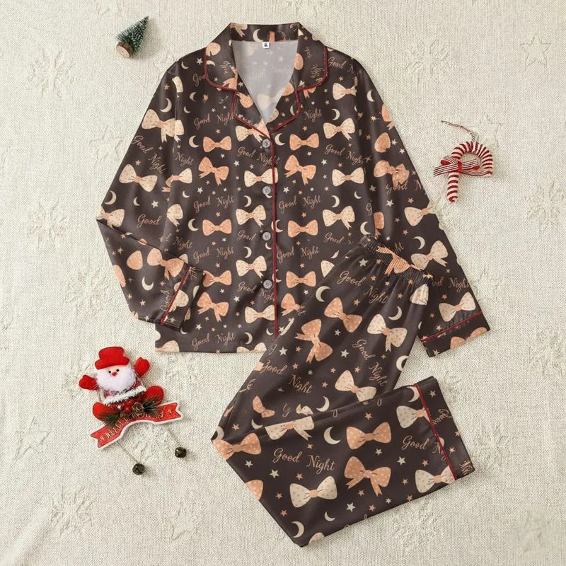 Women's Deep Charcoal Brown Whimsical Peach Beige Bows, "Good Night" Script, Star & Moon Pattern Satin Pajamas Set - 1