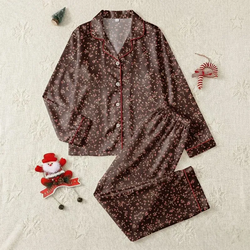 Nature-Inspired Rose Pink Fawn Berry Scatter on Deep Chocolate Brown Custom Print Satin Pajamas Set - 1