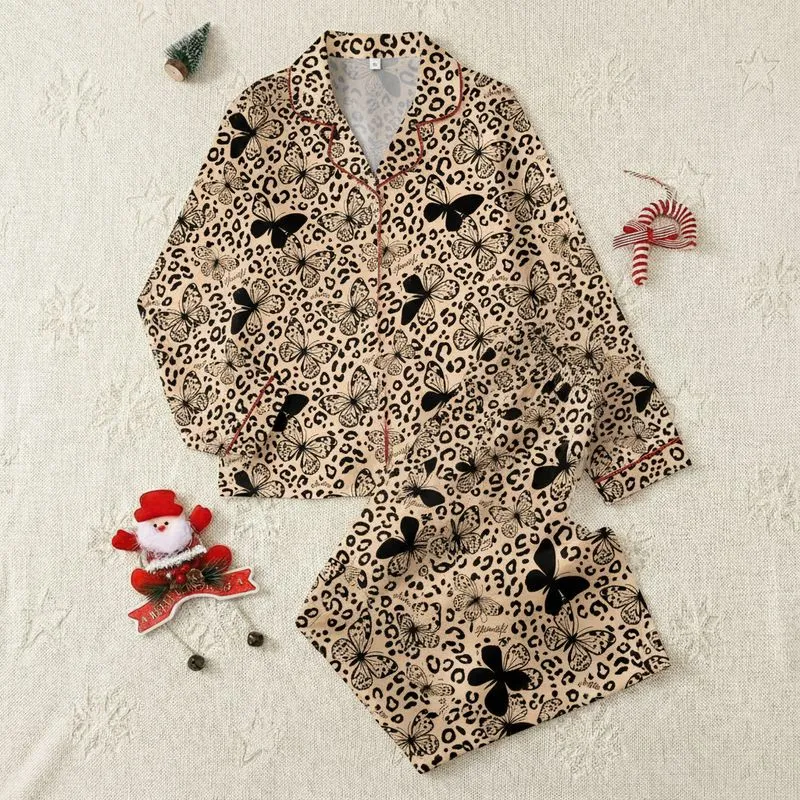 Women's Seamless Peachy-Beige Black Leopard Spot & Butterfly Silhouettes with 'You Are Beautiful' Script Satin Pajamas Set - 1