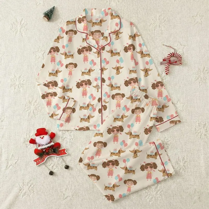 Dachshund Lover's Winking Cartoon Girl & Party Dogs Customizable Item Satin Pajamas Set - 1