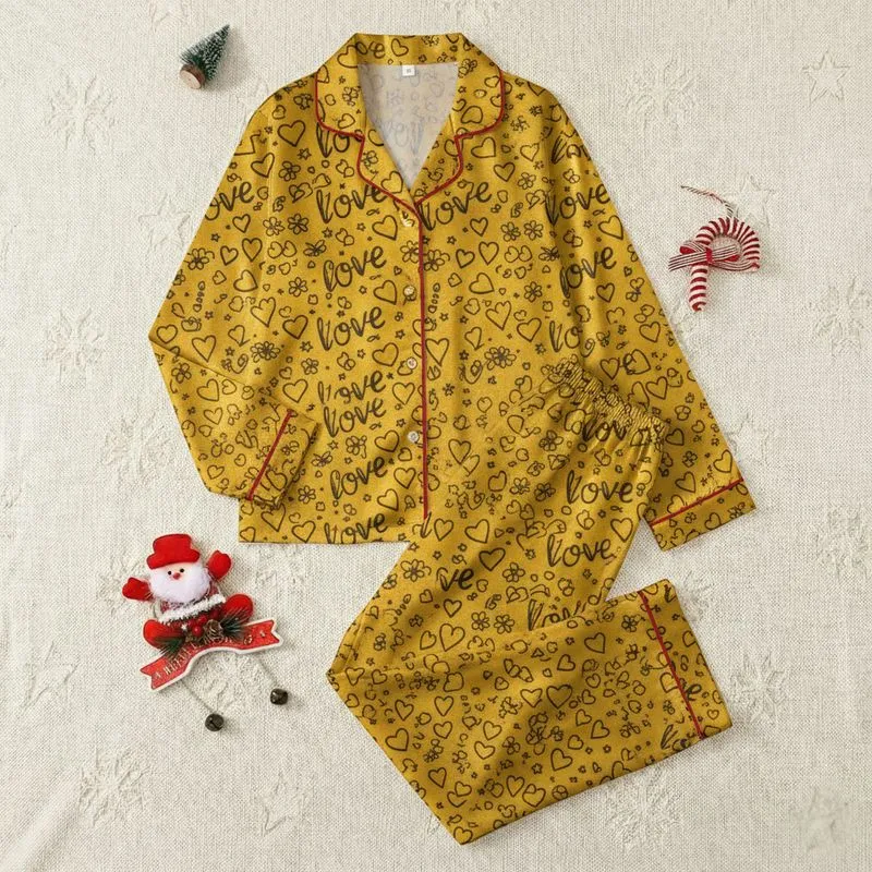 Women's Whimsical Yellow Black Script 'Love' Hearts Five-Petal Flowers Stars Seamless All-Over Pattern Satin Pajamas Set - 1
