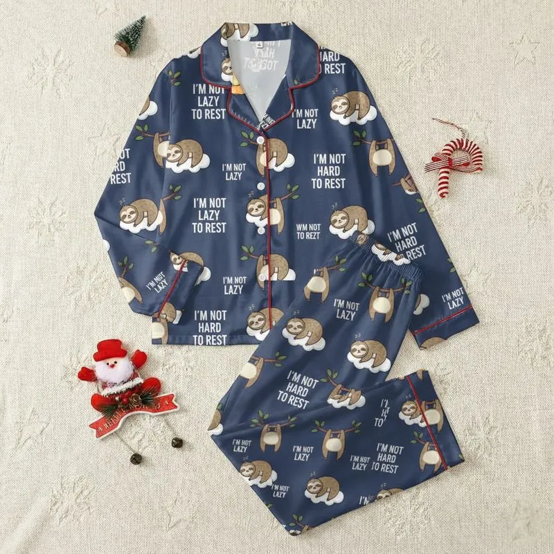 Women's Navy Blue Flat Cartoon Sloth 'I'M NOT LAZY' Cream Brown Repeat Pattern Satin Pajamas Set - 1