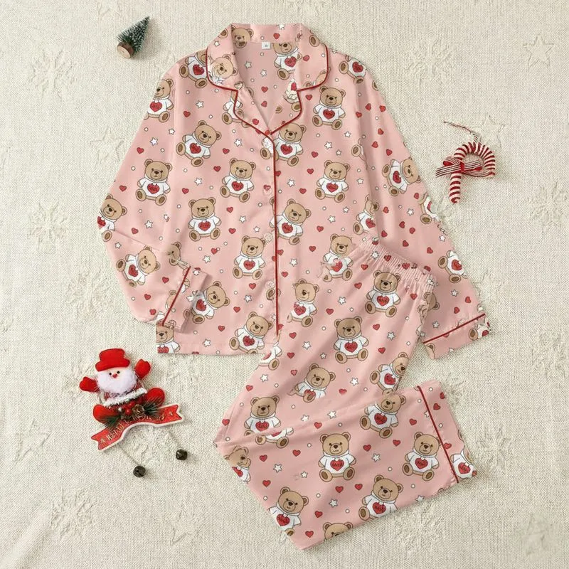 Women's Whimsical Blush Pink Teddy Bear Hoodie Red Heart Smile Star Pattern Satin Pajamas Set - 1