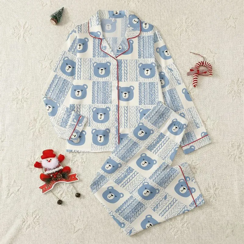 Women's Dusty Blue & Cream Playful Bear Face Scattered Cable Knit Seamless Pattern Satin Pajamas Set - 1