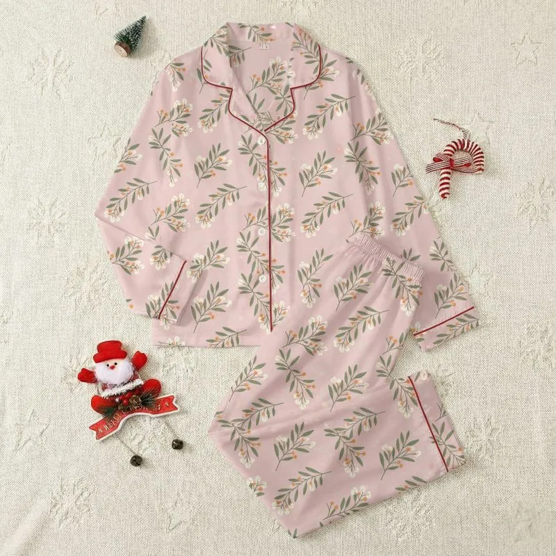 Soft Pink Botanical Sprigs: Olive Leaves, Cream Flowers & Pale Orange Berries Satin Pajamas Set - 1