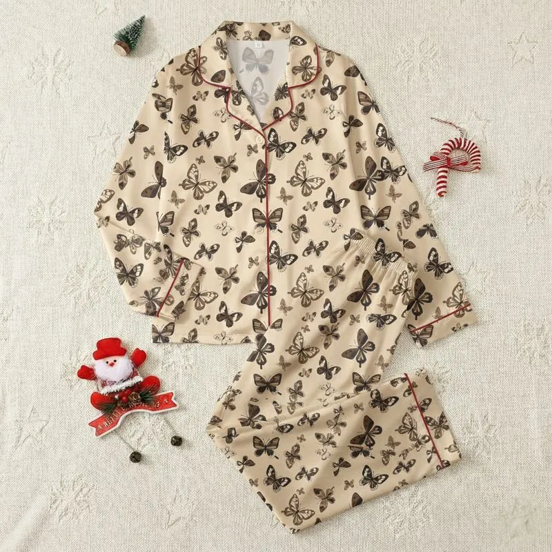 Women's Delicate Illustrative Butterfly Flight Pattern Muted Brown Taupe Sepia Tones Satin Pajamas Set - 1