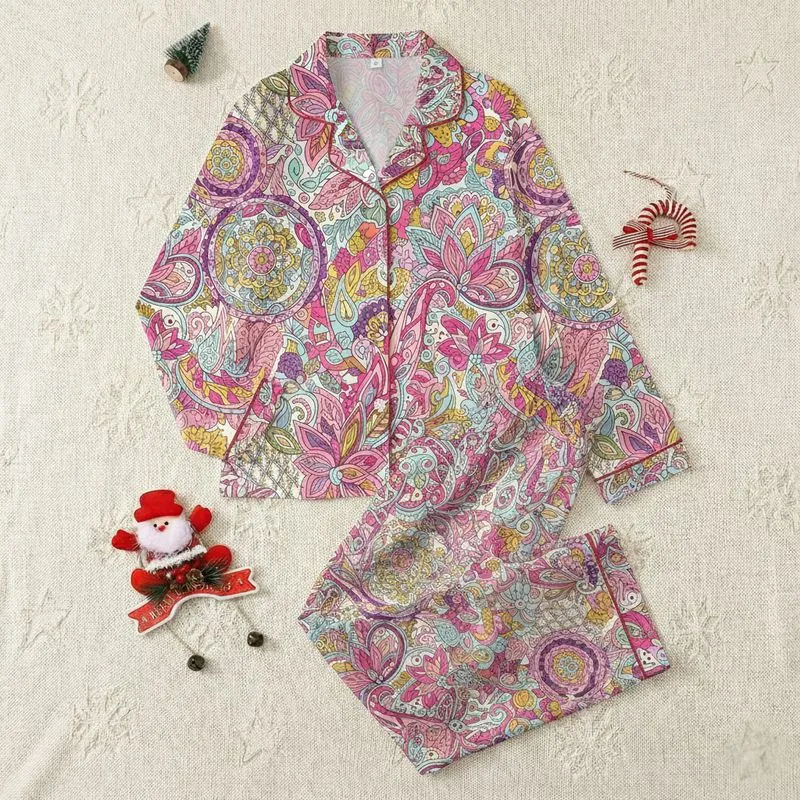Women's Ornate Maximalist Paisley Floral Hand-Drawn Tapestry Print Blush Rose & Jewel Hues Satin Pajamas Set - 1