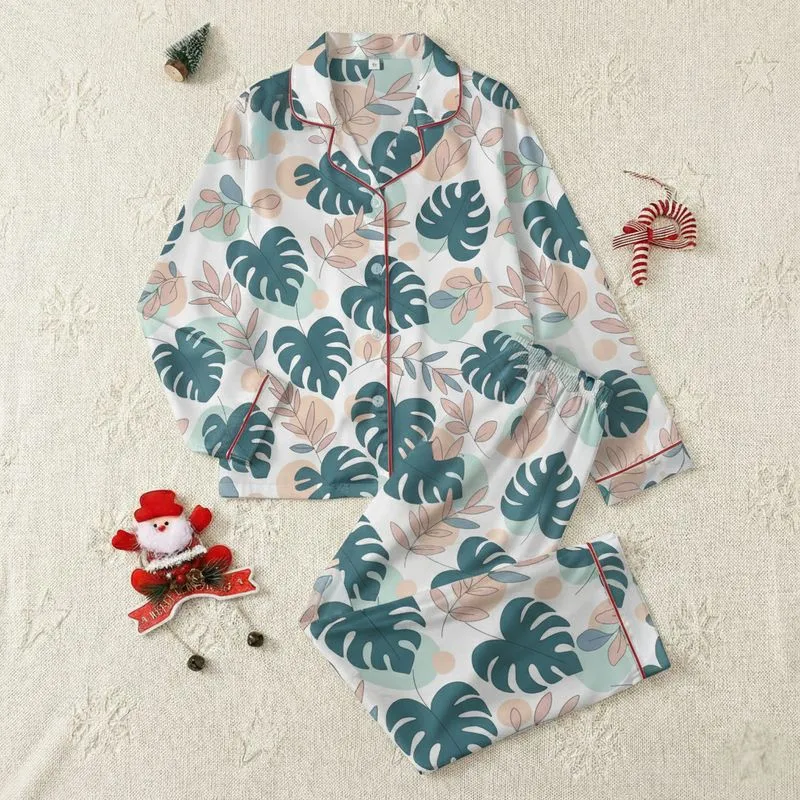 Women's Illustrative Tropical Teal Philodendron Blush Eucalyptus White Abstract Organic Pattern Satin Pajamas Set - 1