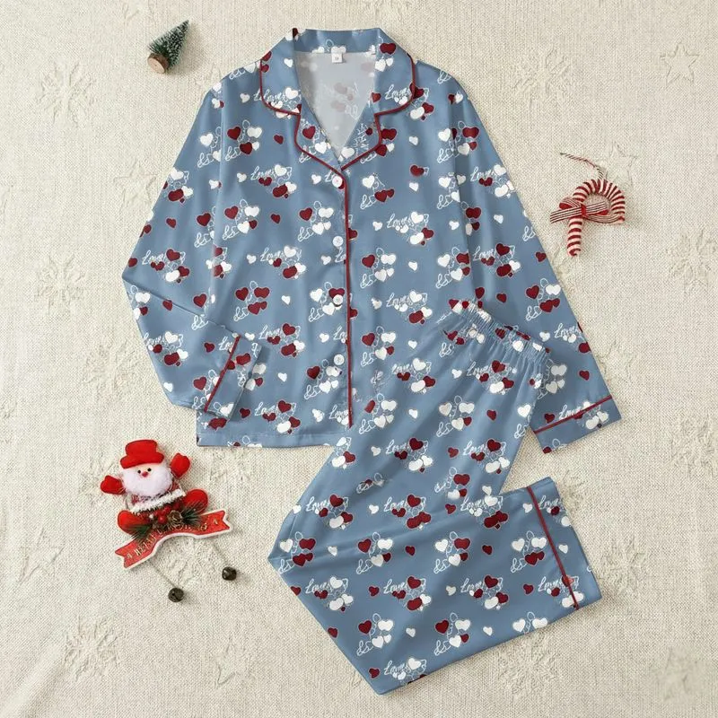 Women's Dusty Blue-Grey All-Over Repeating Pattern with White, Maroon Heart Clusters & Elegant 'Love' Script Satin Pajamas Set - 1