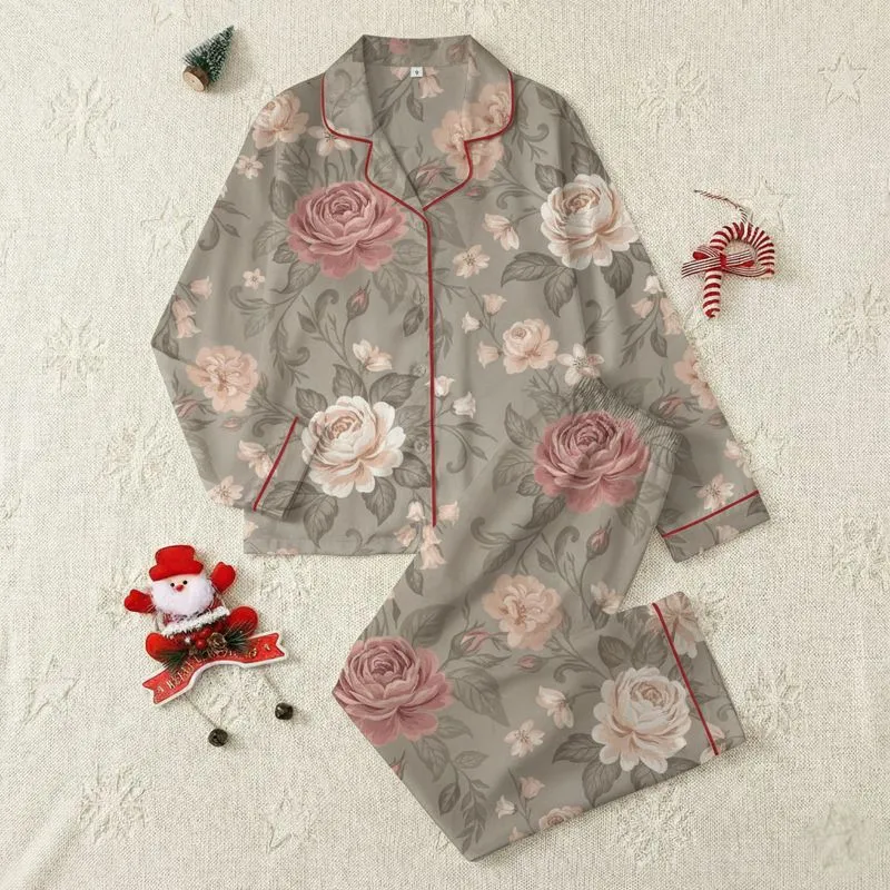 Women's Elegant Botanical Rose Garden Design: Dusty Rose Peach & Greige Blooms Kid Satin Pajamas Set - 1