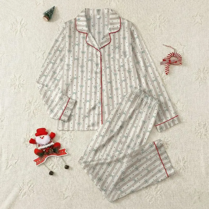 Women's Soft Beige & Off-White Vertical Stripe Muted Teal Whimsical Bow & Heart Pattern Satin Pajamas Set - 1