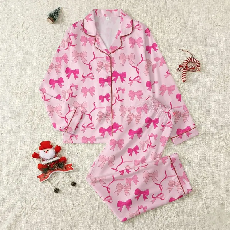Women's Charming Fuchsia Rose Pink Bows & Ribbons Garment - Pale Pink, Striped & Solid Satin Pajamas Set - 1