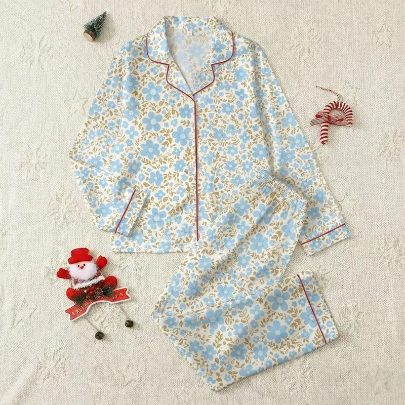 Women's Retro 1970s Stylized Sky Blue Olive Floral Hand-Drawn Cream Pattern Satin Pajamas Set - 1