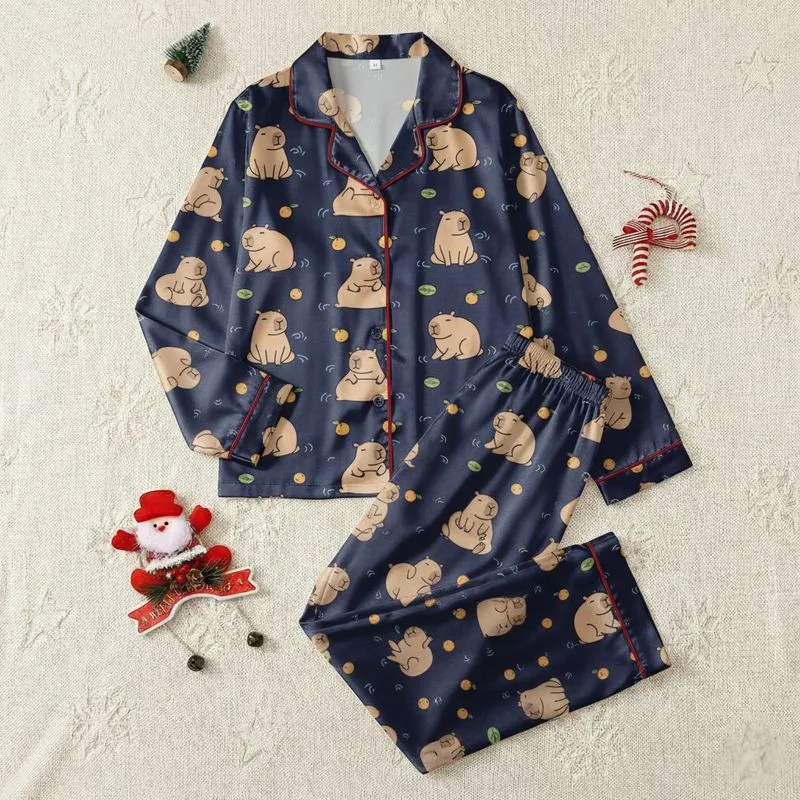 Women's Playful Dark Navy Cartoon Capybara All-Over Print with Tan Capybaras & Yellow Fruit Accents Satin Pajamas Set - 1