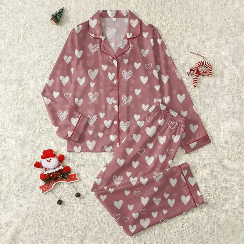 Whimsical Dreamer: Dusty Rose Scattered White Hearts Outline Design Satin Short-Sleeve Pajamas Set - 1