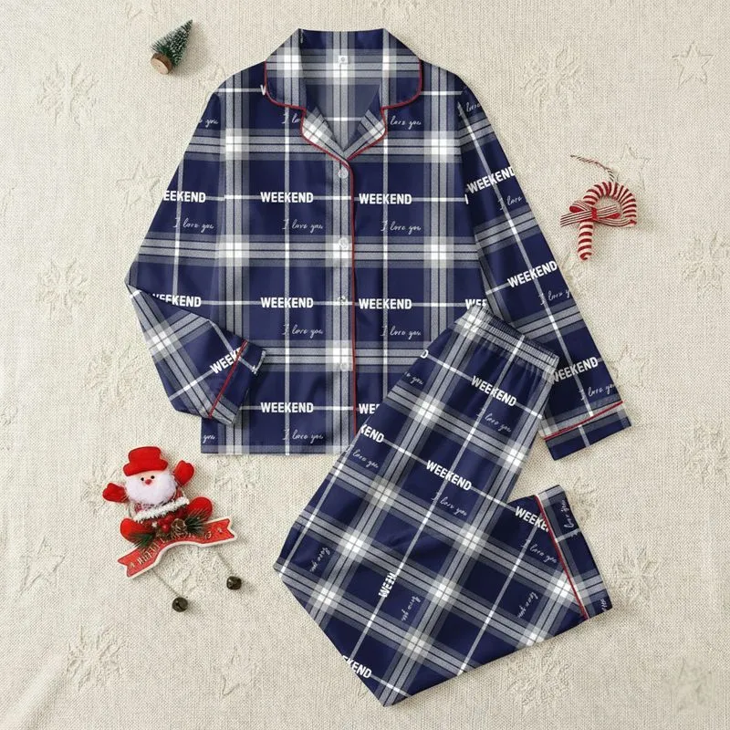 Weekend Lover's Navy Tartan Plaid 'I Love You' & 'WEEKEND' Fashion Piece Satin Pajamas Set - 1