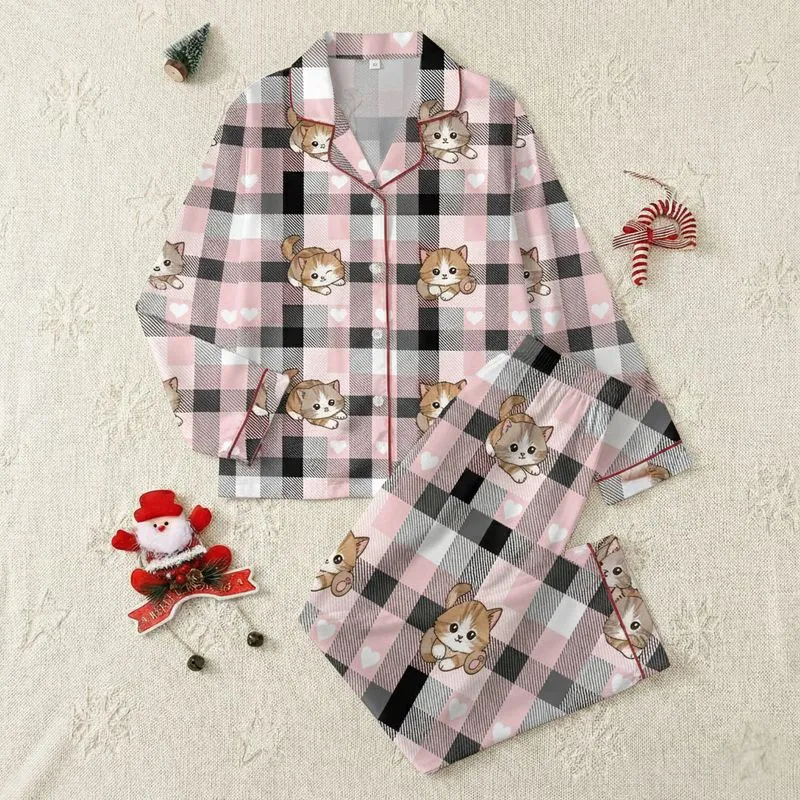 Kitten Lover's Adorable Fluffy Baby Kittens Pink Plaid Hearts: Black White Gray Hatched Design Satin Pajamas Set - 1