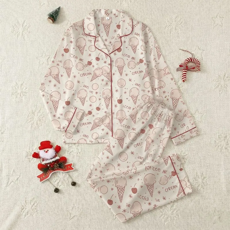 Sweet Tooth Enthusiast Whimsical Pink Ice Cream Cone Scoop Cherry Pattern Satin Pajamas Set - 1