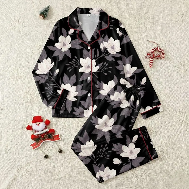 Women's Elegant Botanical Magnolia Floral Print on Black with Blush Pink & Lavender Accents Satin Pajamas Set - 1