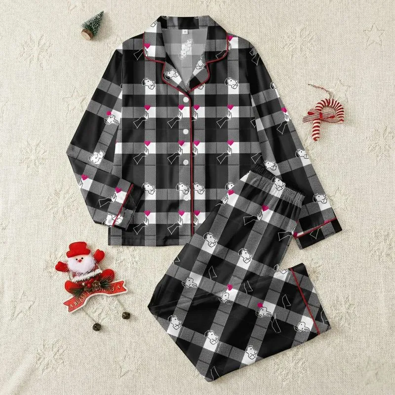 Dog Lover Plaid: High-Five Pet & Human Connection - Black, White & Magenta Custom Wearable Satin Pajamas Set - 1